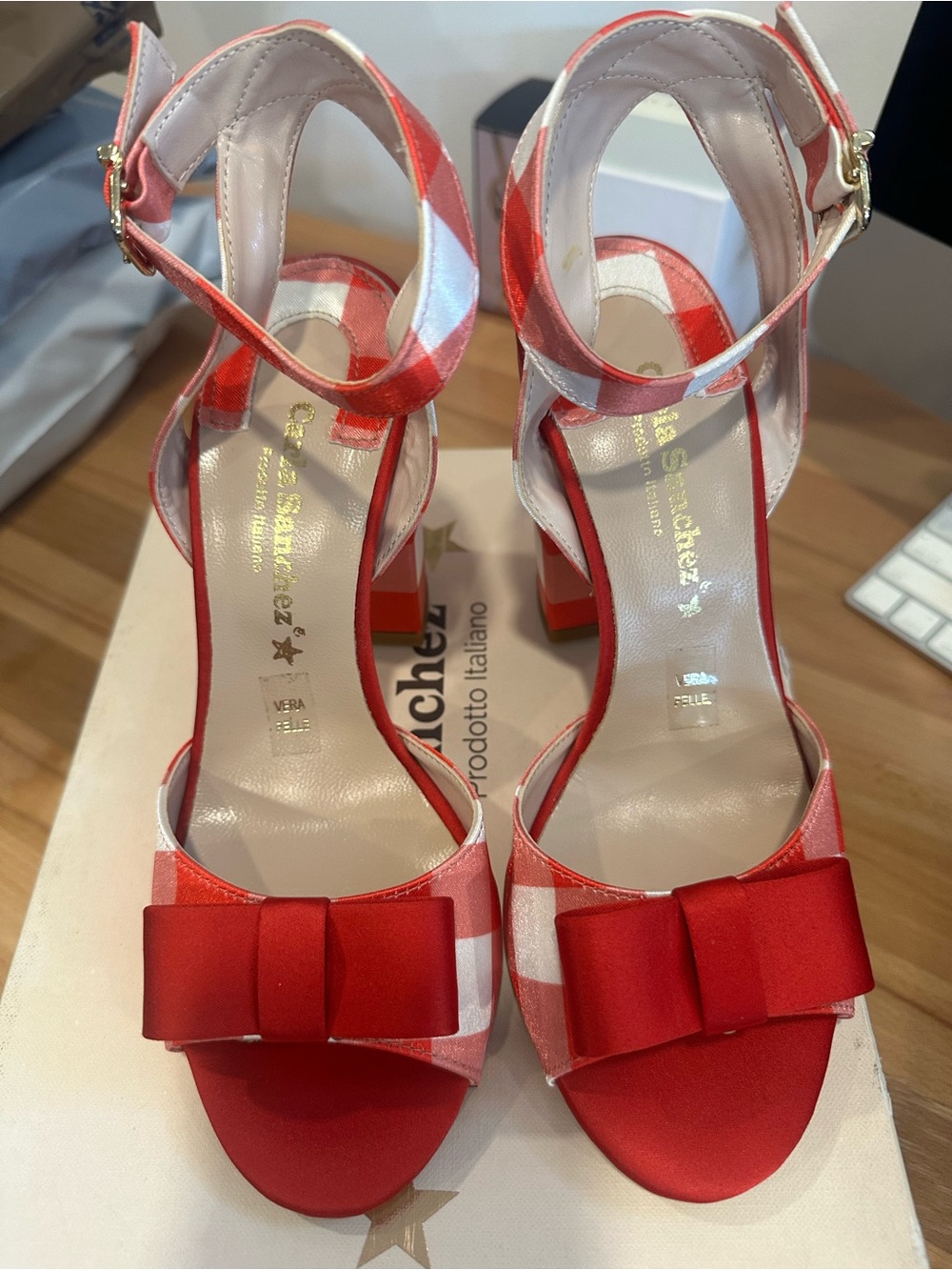 Carla Sanchez Red and White Bow Ankle-Strap Heeled Sandals